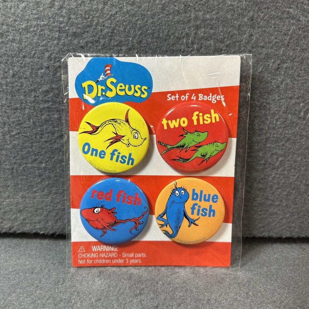 Dr. Seuss 4-Button Set – One Fish Two Fish Red Fish Blue Fish 2009 – NOS